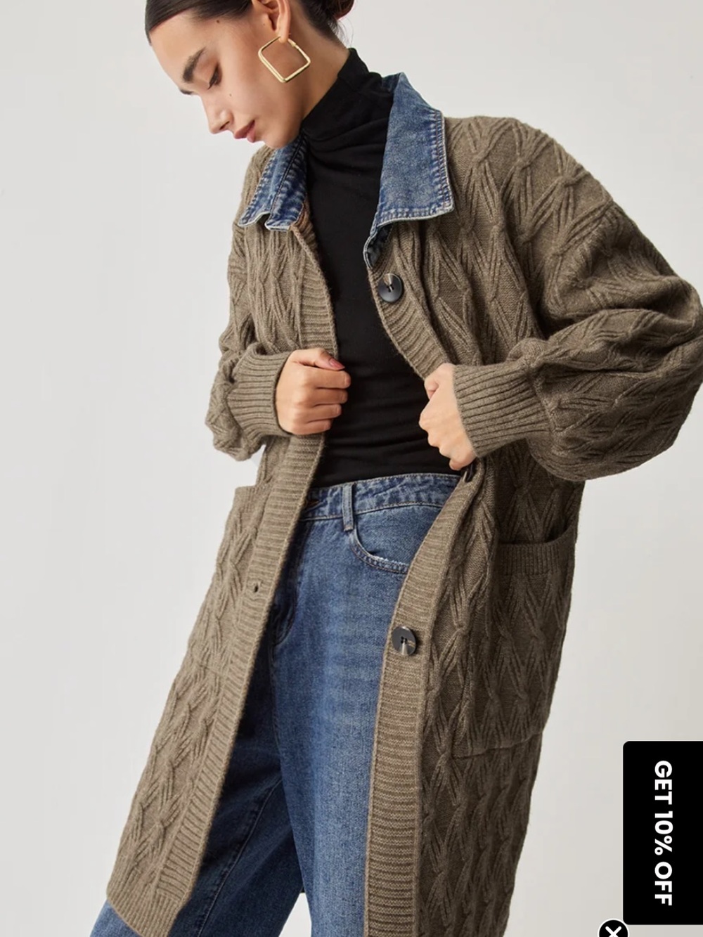 NWOT. Commense Ribbed Knit Puff Sleeve Cardigan Sweater w Denim Collar. Pockets